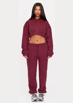 Burgundy Premium Cropped Waistband Detail Sweat Hoodie - Sparta Clothing