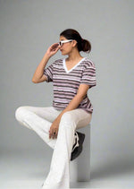 V-NECK CHOCOLATE STRIPE TSHIRT - Sparta Clothing