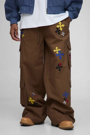 Elasticated Waist Super Baggy Cross Applique Cargo Trousers