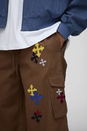 Elasticated Waist Super Baggy Cross Applique Cargo Trousers
