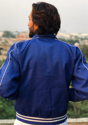 Boxy Twill Moto Collared Bomber Jacket In Blue - Sparta Clothing