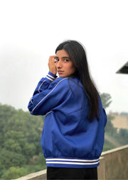 Boxy Twill Moto Collared Bomber Jacket In Blue - Sparta Clothing