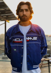 Boxy Twill Moto Collared Bomber Jacket In Blue - Sparta Clothing