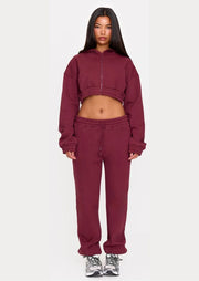 Burgundy Premium Cropped Waistband Detail Sweat Hoodie - Sparta Clothing