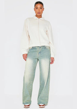 Ecru Zip Through Collared Sweatshirt - Sparta Clothing