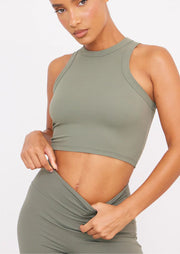 Olive Sculpt Cropped Gym Racer Top - Sparta Clothing