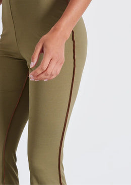 Olive Seam Detail Mid Rise Skinny Flared Trousers - Sparta Clothing