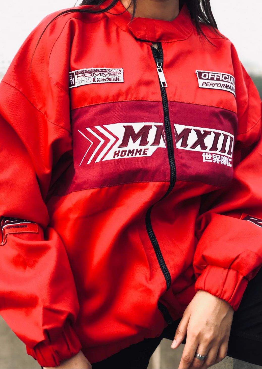 Oversized Twill Moto Jacket In Red - Sparta Clothing